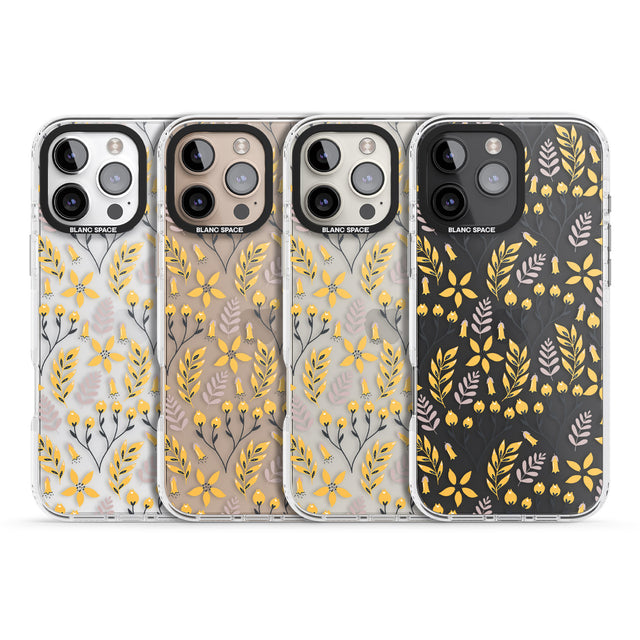 iPhone 16 Pro Max Yellow Leaves Transparent Floral Black Impact Phone Case