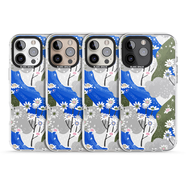 iPhone 16 Pro Max Blue & Grey Daisies Pattern Black Impact Phone Case