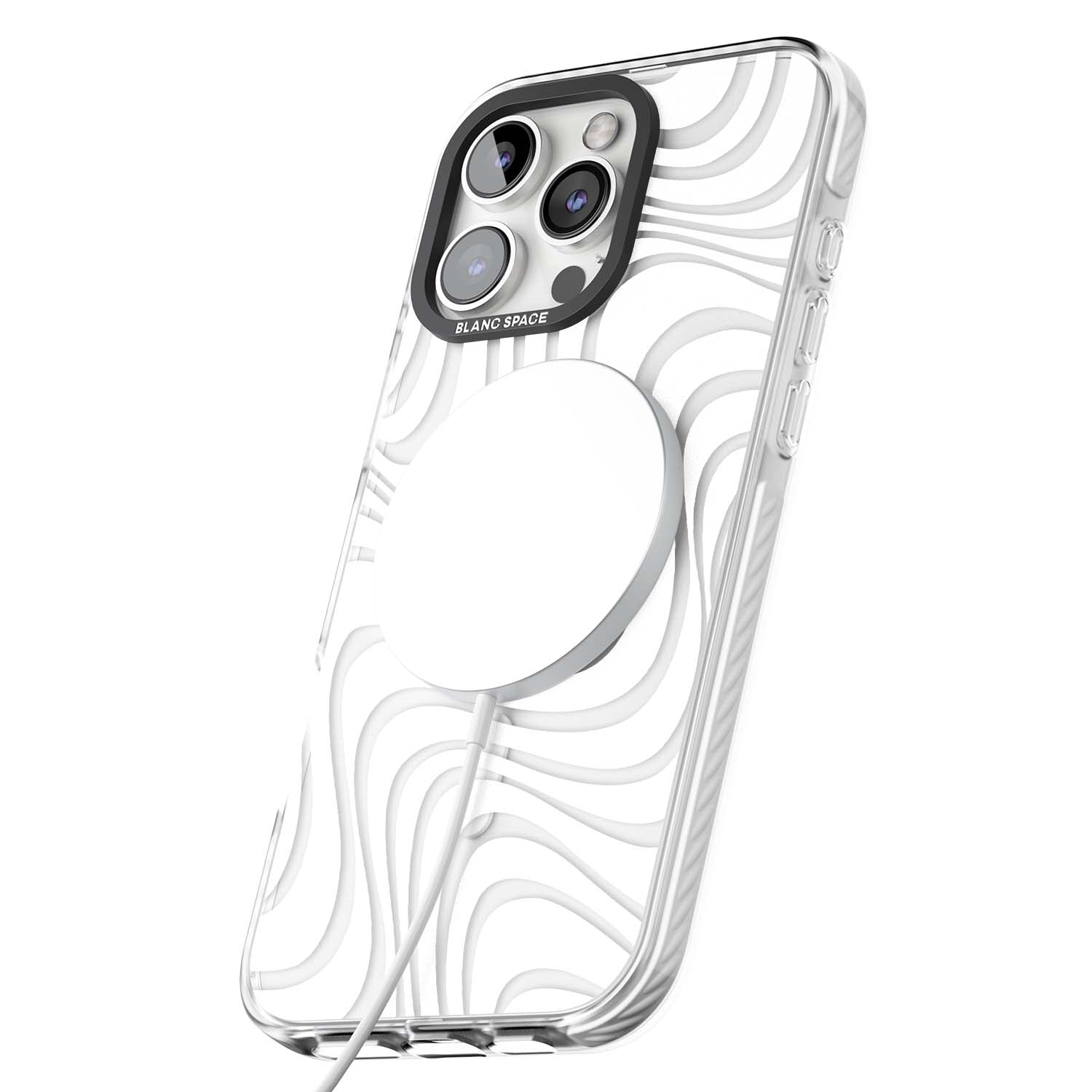 White Abstract Waves abstract iPhone case featuring flowing grey wave pattern on clear background | Impact Magsafe case for iPhone 16 Pro, iPhone 16 Pro Max