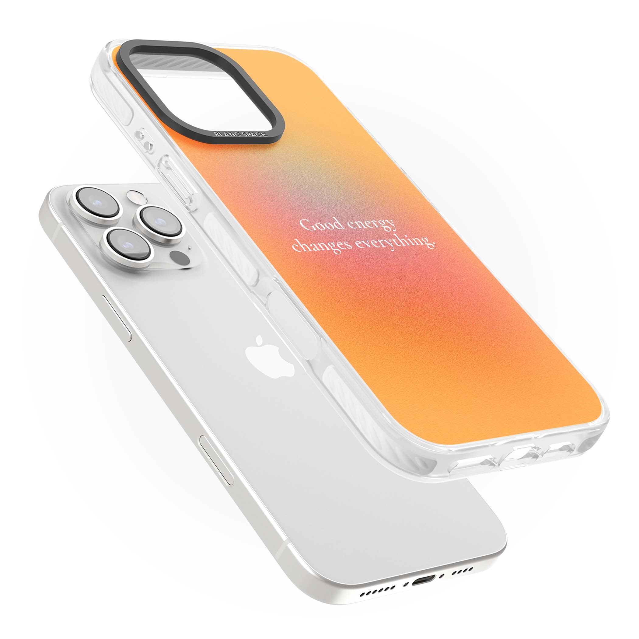 Good Energy quote iPhone case featuring an orange and pink aura gradient with white serif affirmation text | Impact Magsafe case for iPhone 16 Pro, iPhone 16 Pro Max
