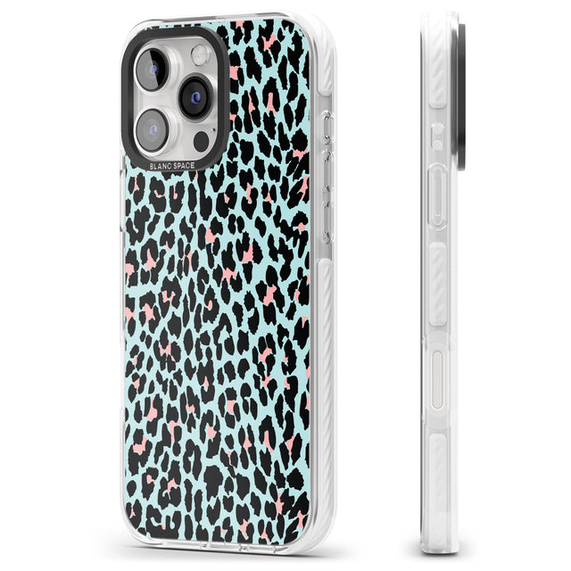 iPhone 16 Pro Max Light Pink on Blue Leopard Print Pattern Black Impact Phone Case