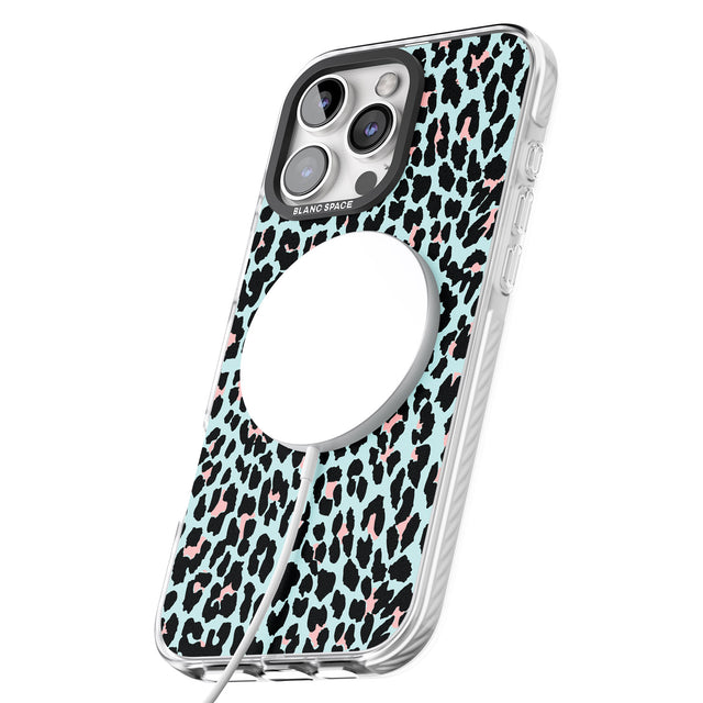 iPhone 16 Pro Max Light Pink on Blue Leopard Print Pattern Black Impact Phone Case