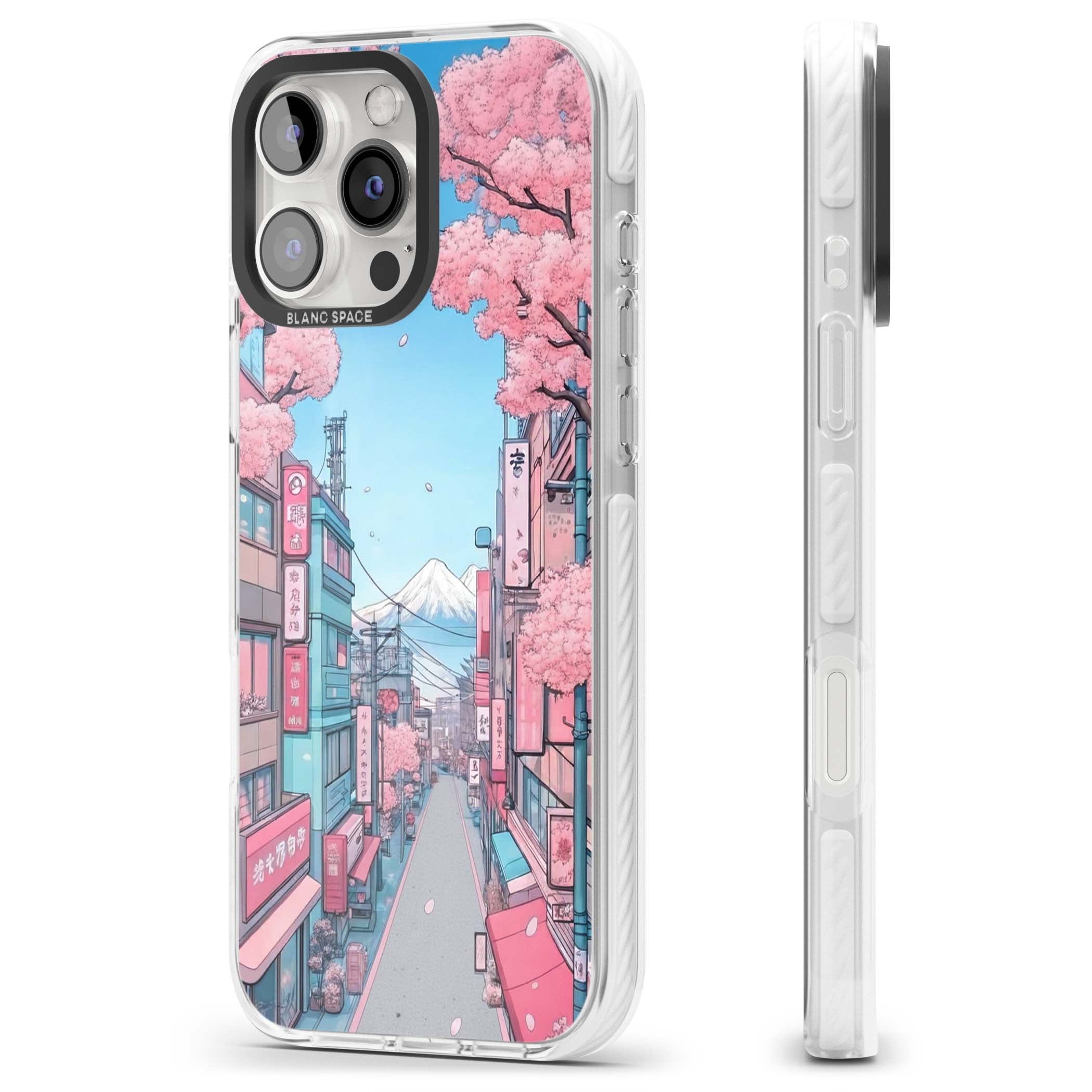 Sakura Lane anime iPhone case featuring Tokyo street scene with cherry blossoms and Mount Fuji | Impact Magsafe case for iPhone 16 Pro, iPhone 16 Pro Max