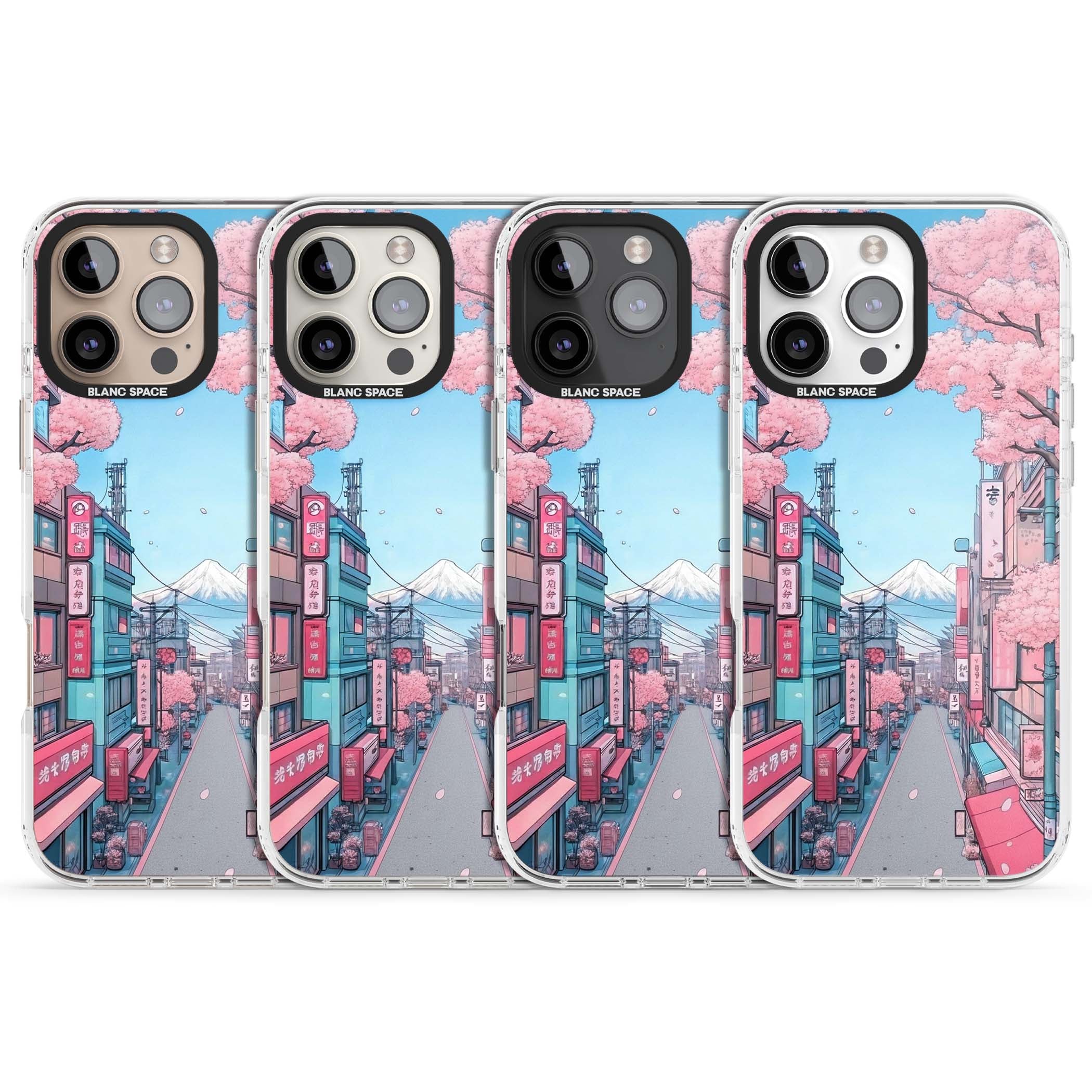 Sakura Lane anime iPhone case featuring Tokyo street scene with cherry blossoms and Mount Fuji | Impact Magsafe case for iPhone 16 Pro, iPhone 16 Pro Max