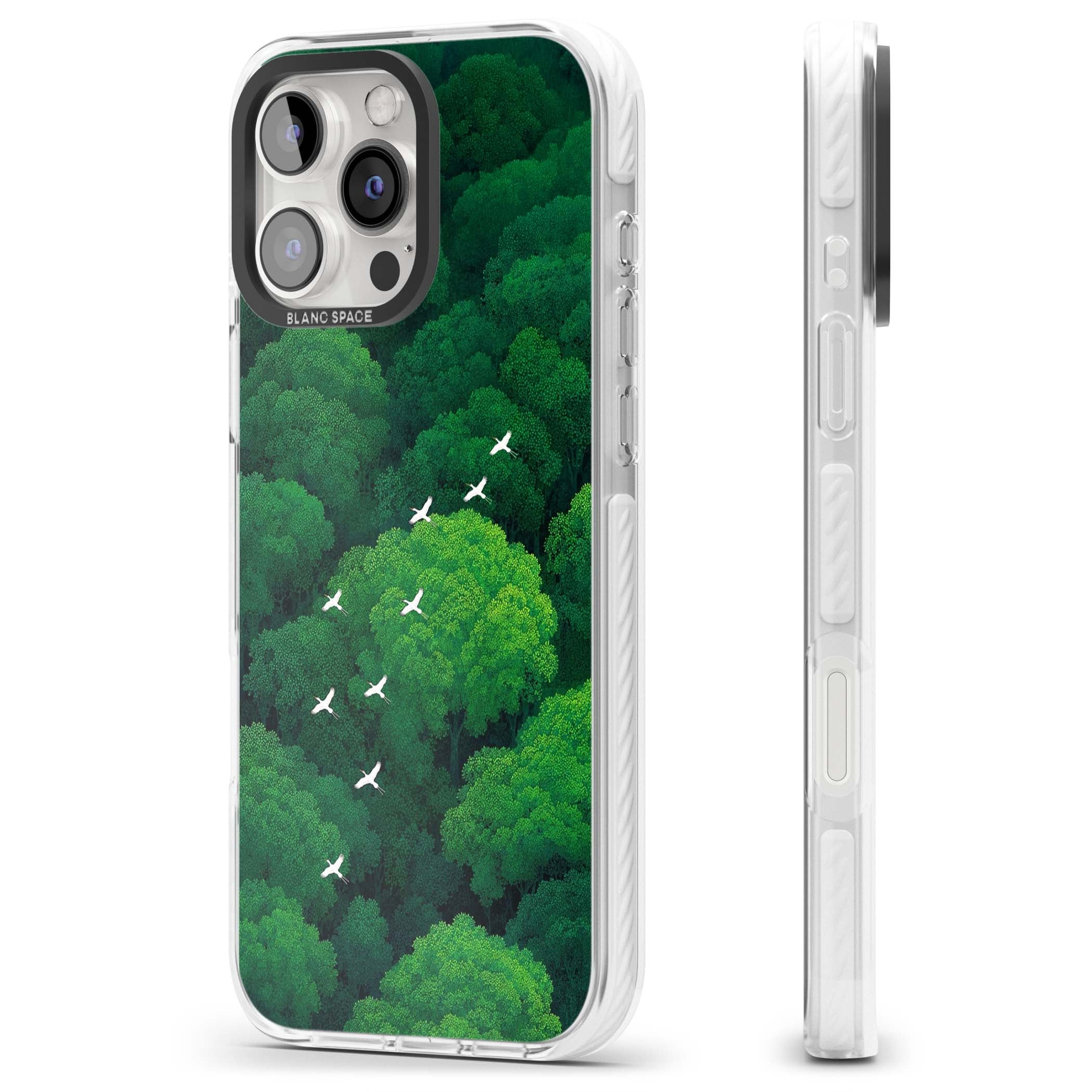 Grove Migration forest iPhone case featuring white cranes flying over lush green treetop canopy | Impact Magsafe case for iPhone 16 Pro, iPhone 16 Pro Max