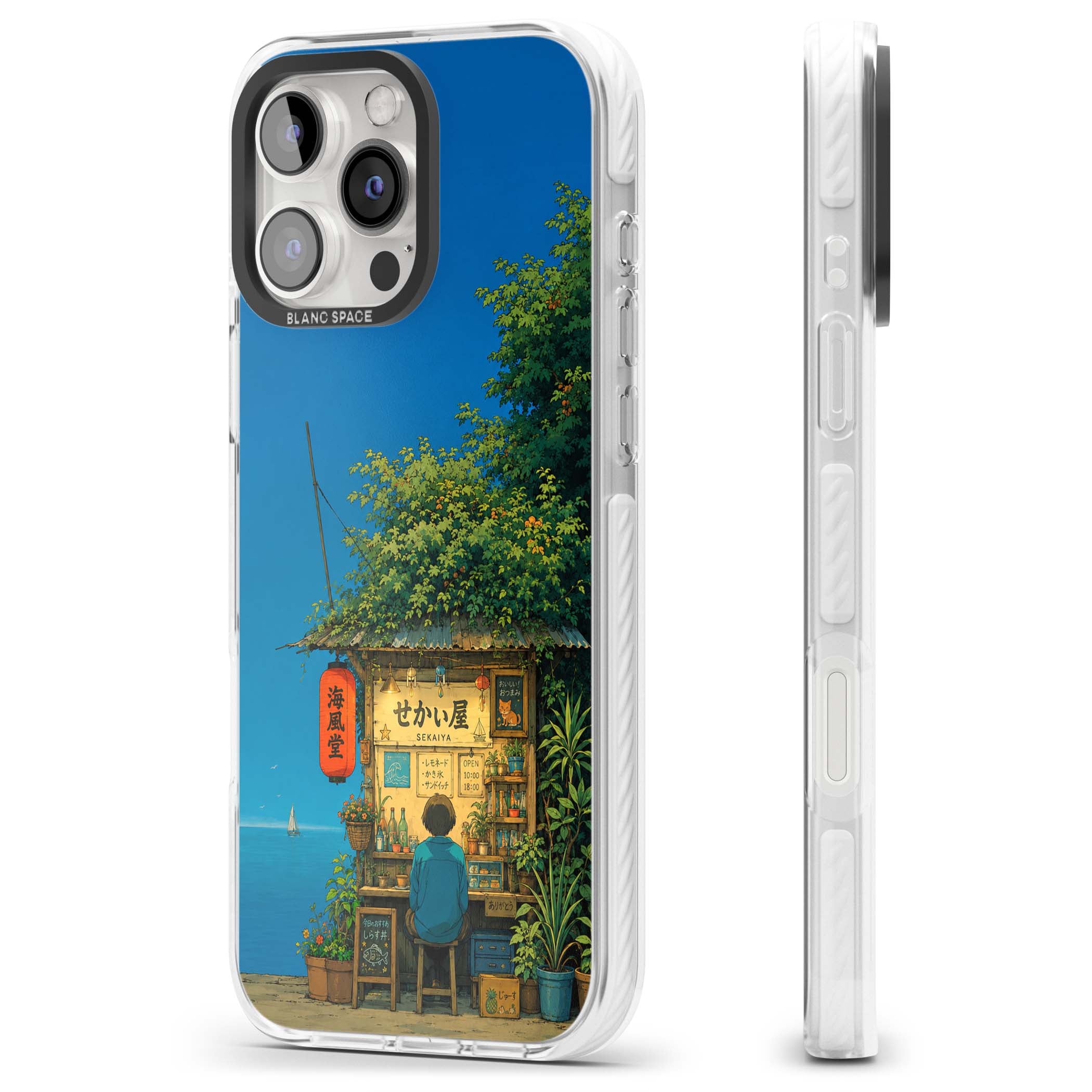 The Shirahama Kiosk anime iPhone case featuring a Japanese seaside shop, red paper lantern and ocean view | Impact Magsafe case for iPhone 16 Pro, iPhone 16 Pro Max