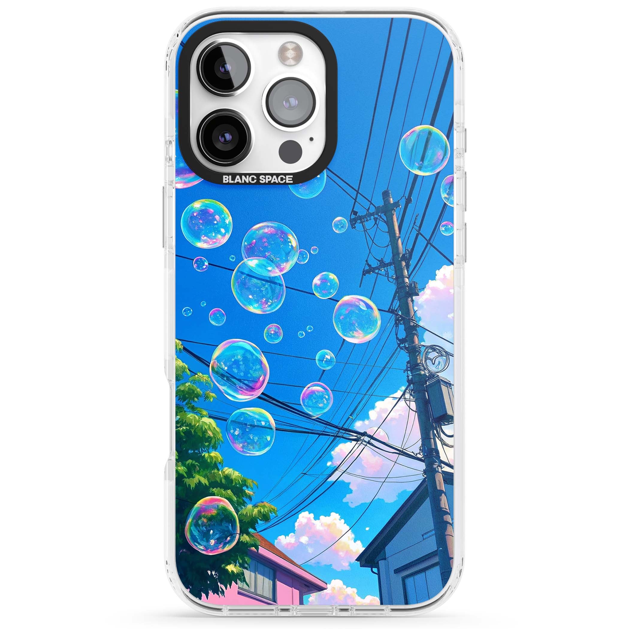 Suburban Bubbles anime iPhone case featuring iridescent soap bubbles, blue sky and Japanese telephone wires | Impact Magsafe case for iPhone 16 Pro, iPhone 16 Pro Max
