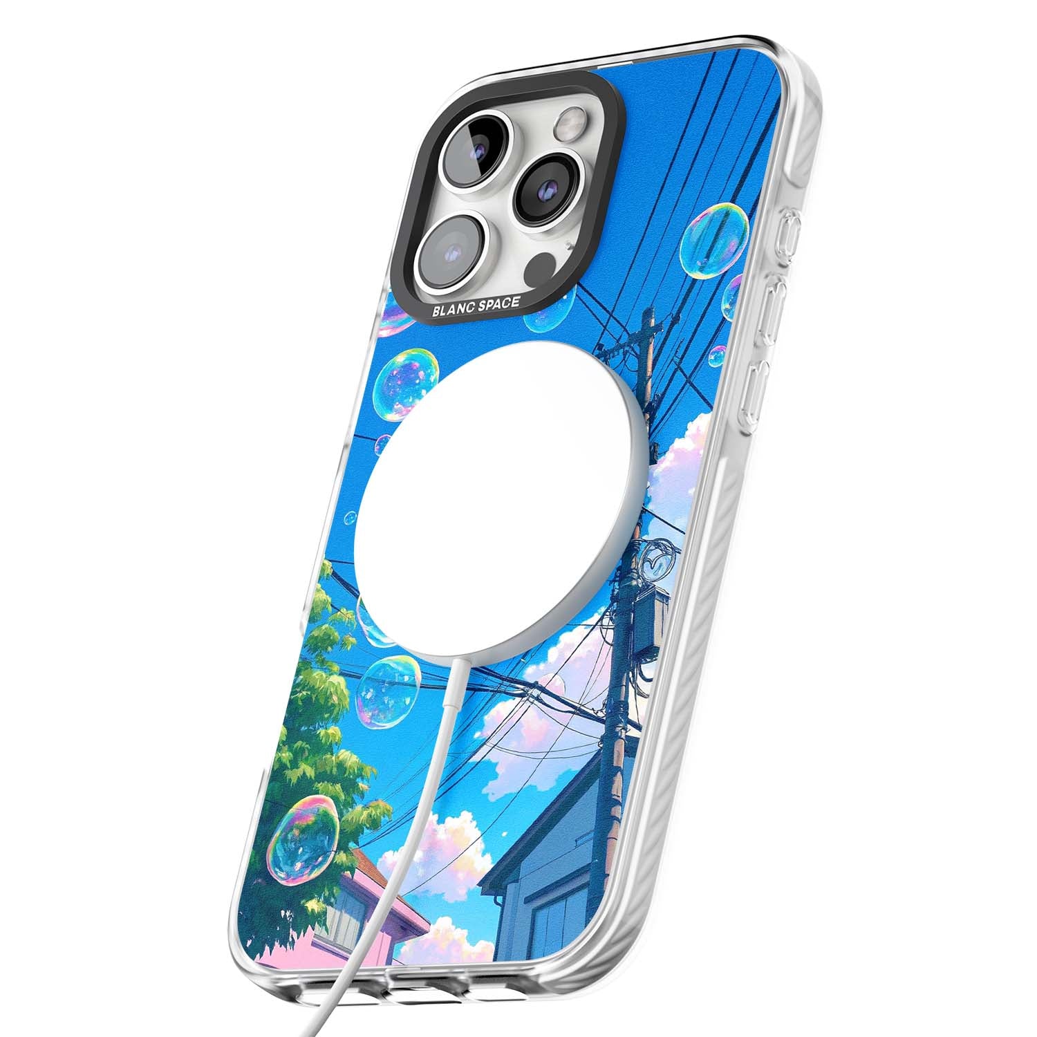 Suburban Bubbles anime iPhone case featuring iridescent soap bubbles, blue sky and Japanese telephone wires | Impact Magsafe case for iPhone 16 Pro, iPhone 16 Pro Max