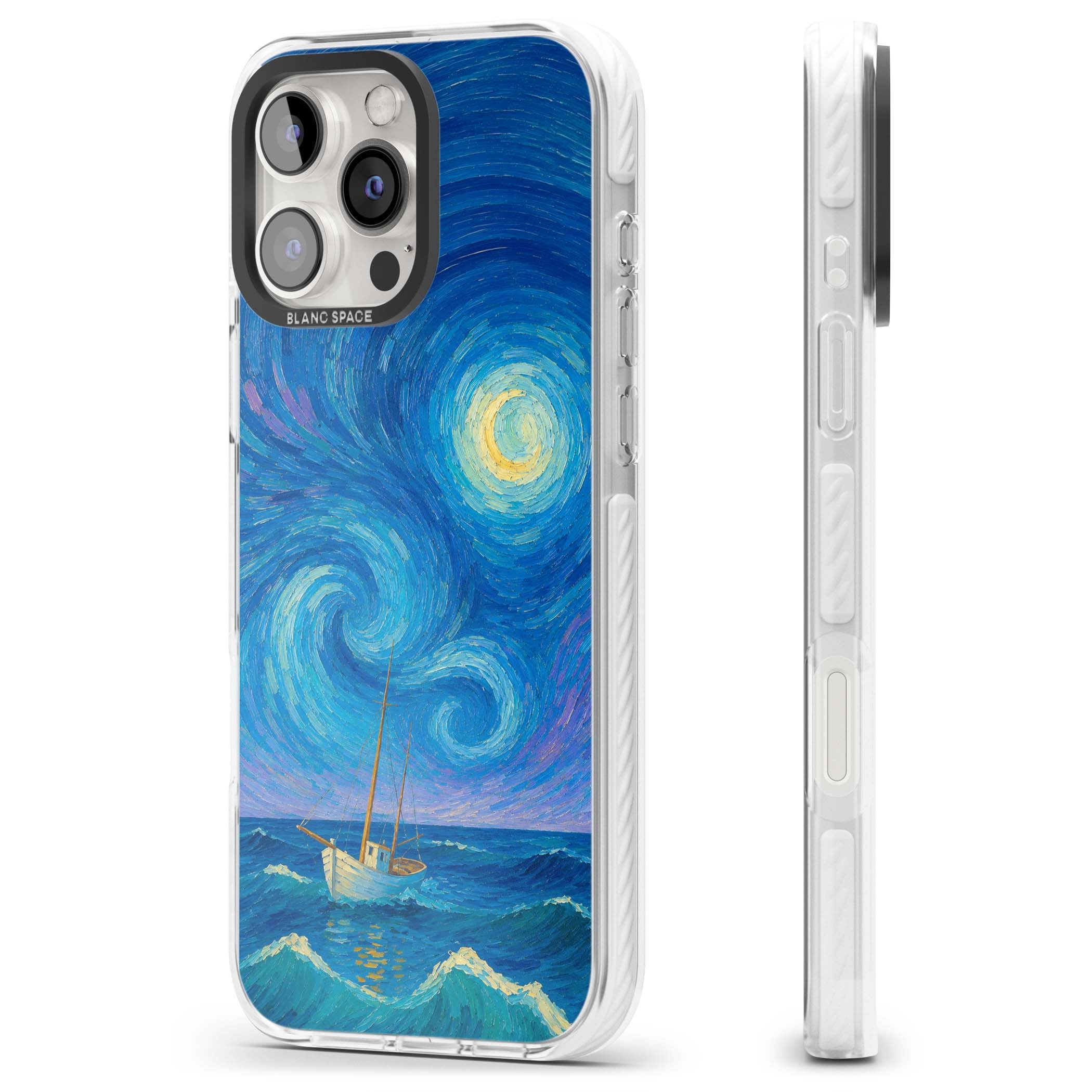 Moonlit Tide Van Gogh art iPhone case featuring swirling starry night sky, glowing moon and lone sailing boat at sea | Impact Magsafe case for iPhone 16 Pro, iPhone 16 Pro Max