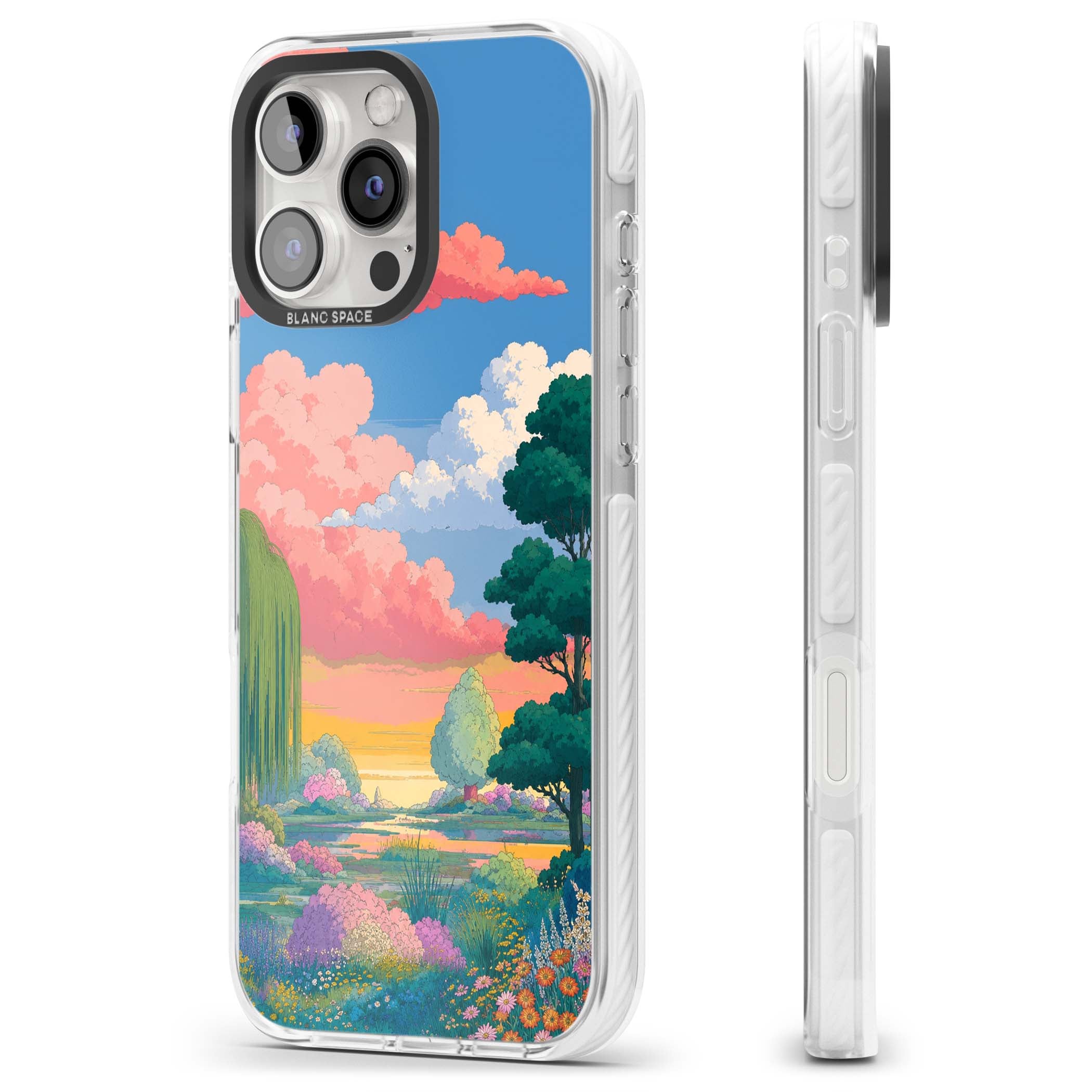 Dream Valley anime landscape iPhone case featuring pink sunset clouds, willow trees and wildflowers | Impact Magsafe case for iPhone 16 Pro, iPhone 16 Pro Max