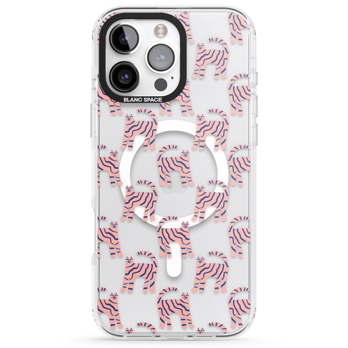 iPhone 16 Pro Max Pink and Blue Cat Pattern Black Impact Phone Case