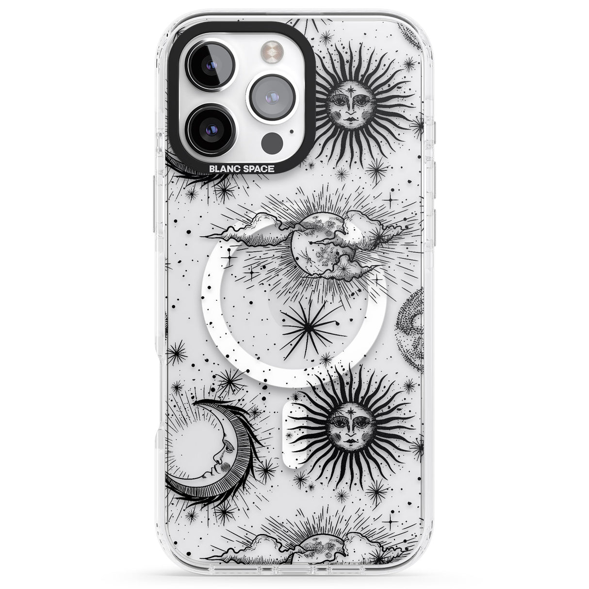 iPhone 16 Pro Max Transparent Suns, Moons & Clouds Black Impact Phone Case