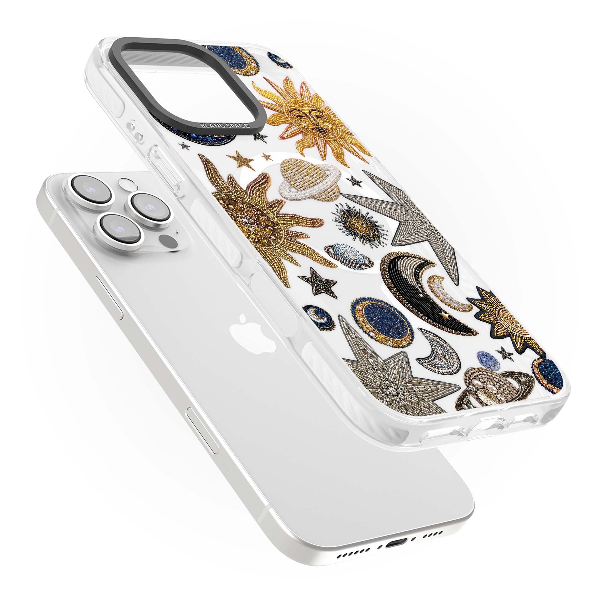 Beaded Cosmos celestial iPhone case featuring embroidered golden suns, beaded planets and silver shooting stars | Impact Magsafe case for iPhone 16 Pro, iPhone 16 Pro Max