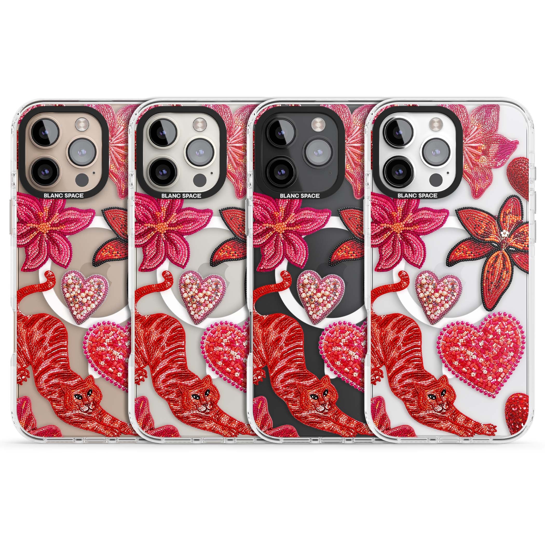 Beaded Boho floral iPhone case featuring beaded red lilies, a stitched tiger, and pearl-encrusted hearts on clear | Impact Magsafe case for iPhone 16 Pro, iPhone 16 Pro Max