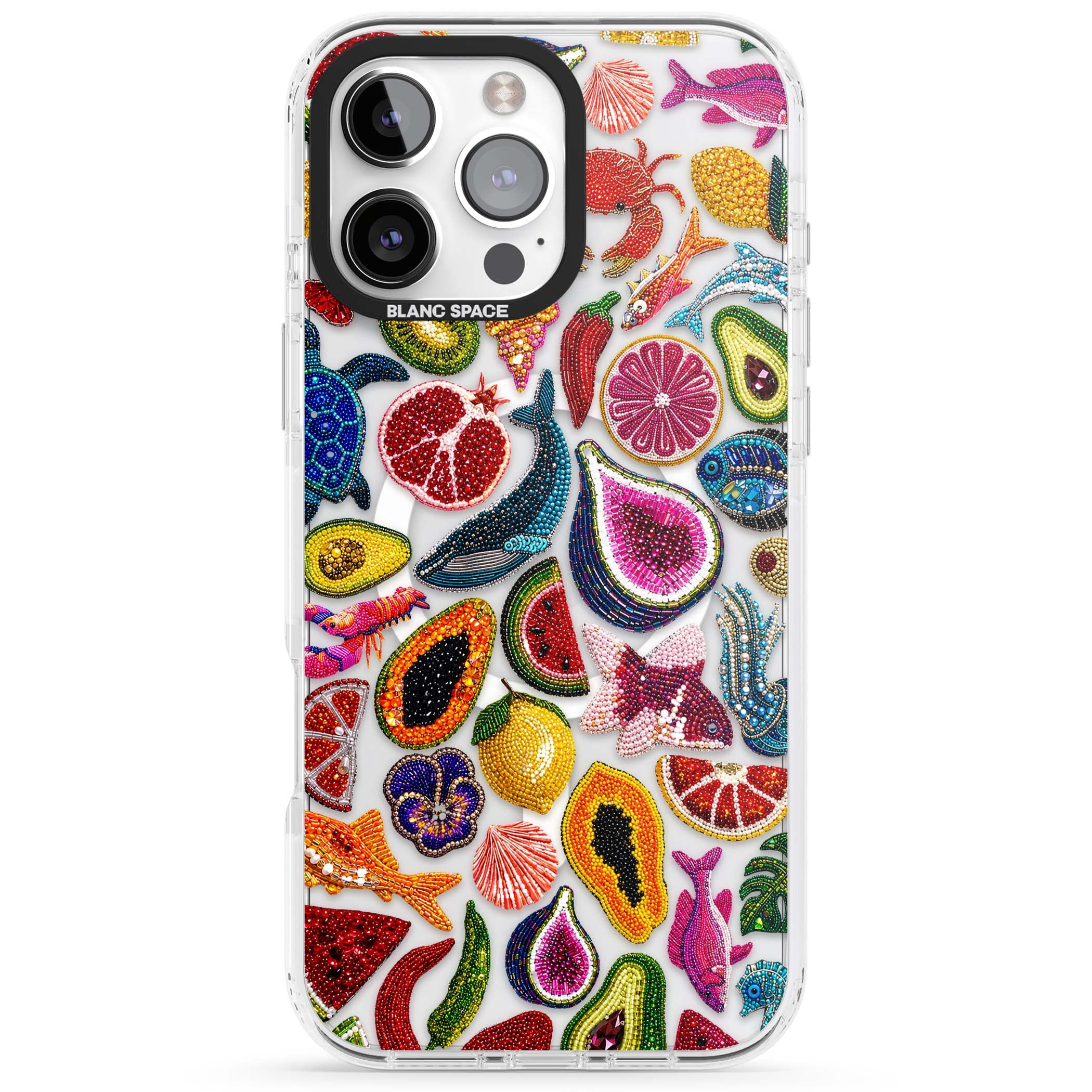 Beaded Tropic tropical iPhone case featuring beaded fruit, fish, crabs and seashells in vibrant colour | Impact Magsafe case for iPhone 16 Pro, iPhone 16 Pro Max