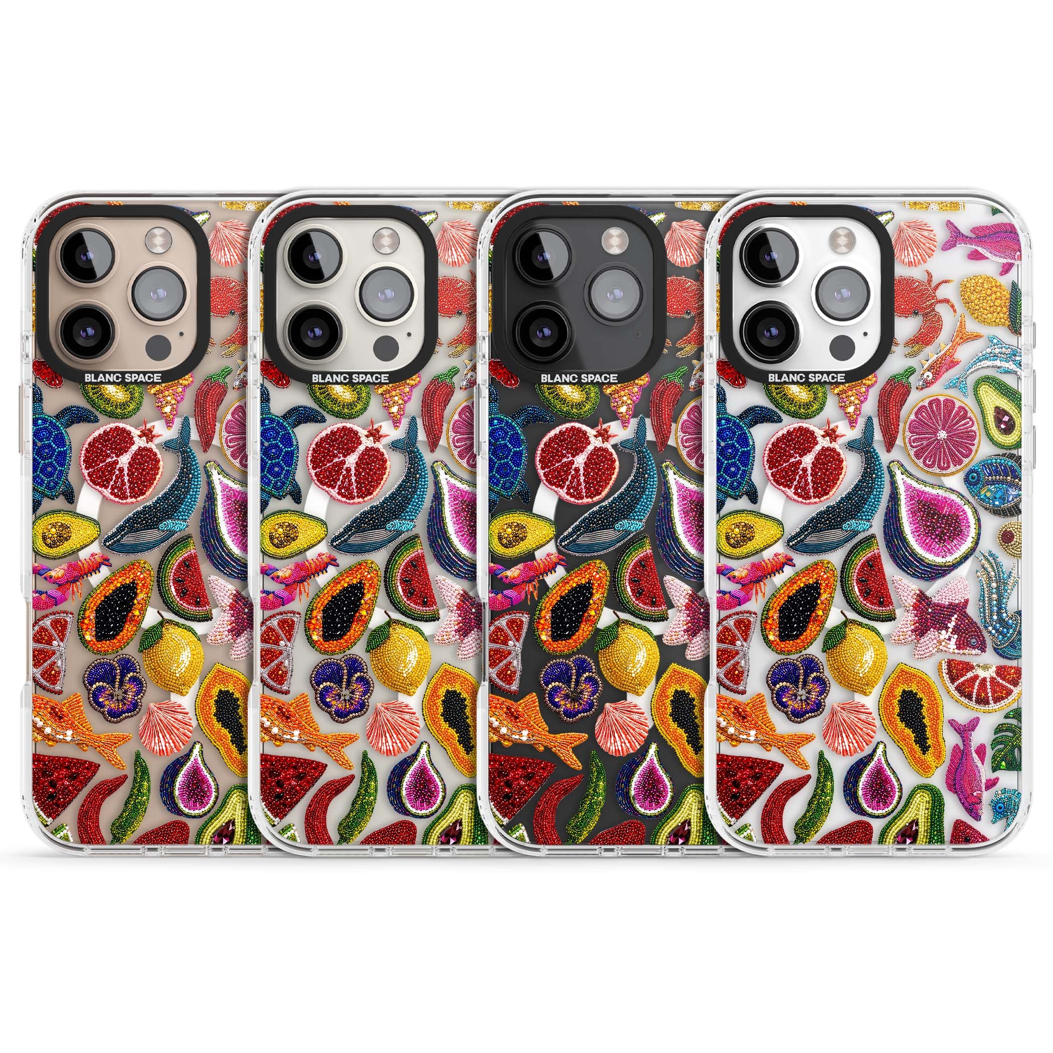 Beaded Tropic tropical iPhone case featuring beaded fruit, fish, crabs and seashells in vibrant colour | Impact Magsafe case for iPhone 16 Pro, iPhone 16 Pro Max