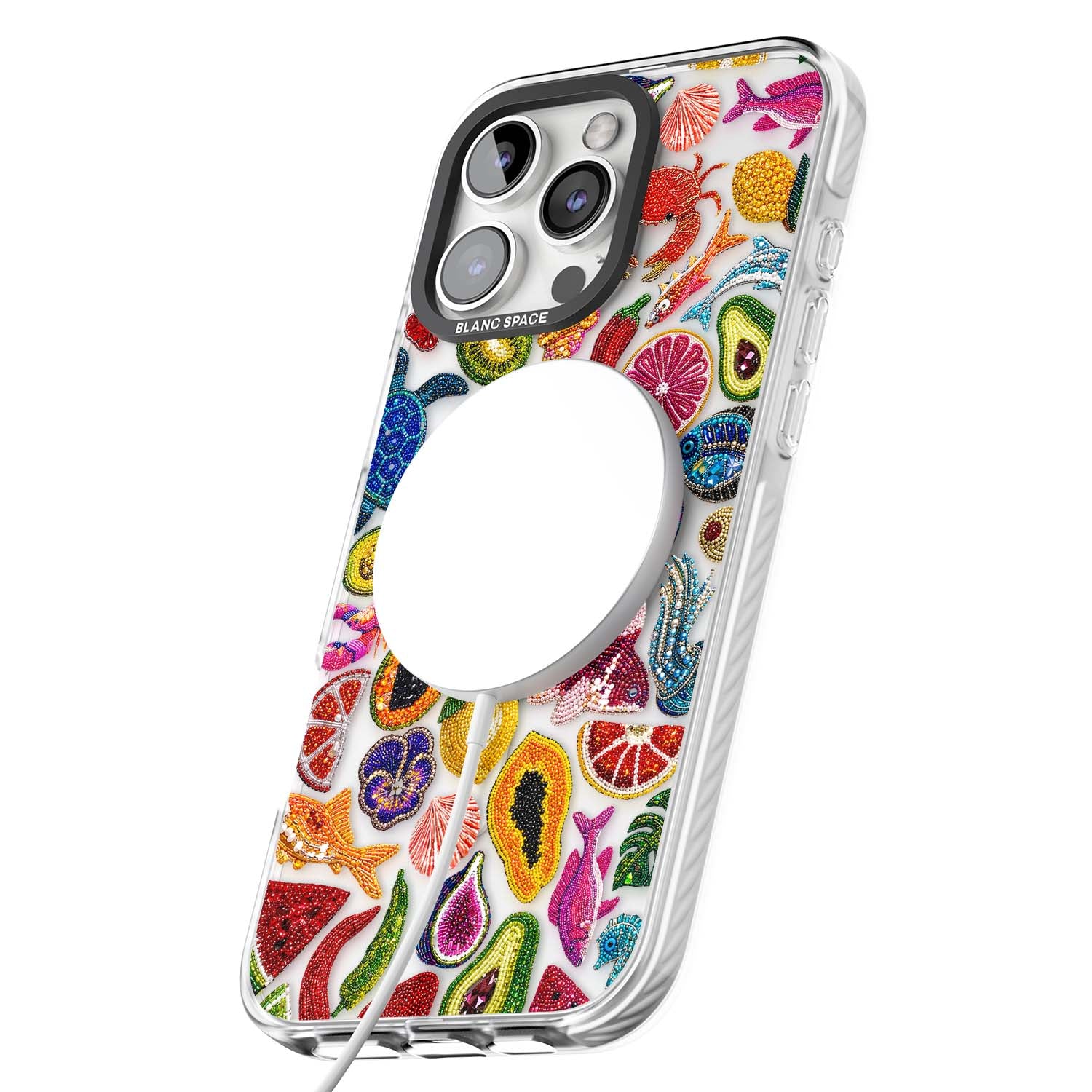 Beaded Tropic tropical iPhone case featuring beaded fruit, fish, crabs and seashells in vibrant colour | Impact Magsafe case for iPhone 16 Pro, iPhone 16 Pro Max