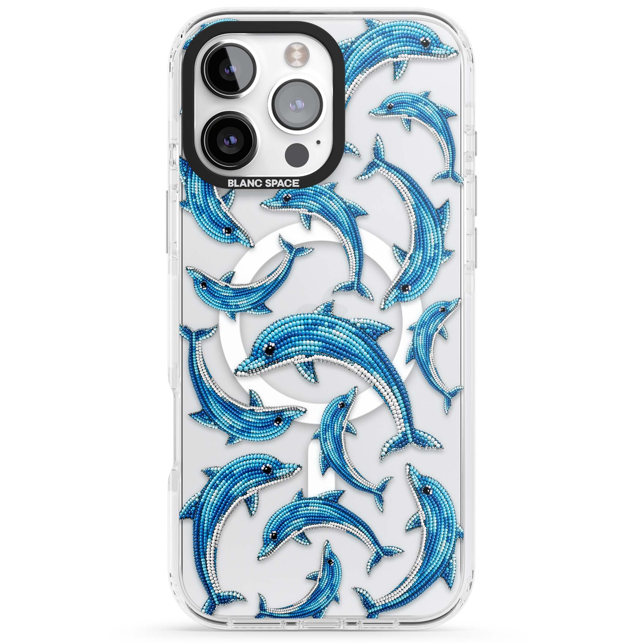 Beaded Dolphins coastal iPhone case featuring beaded dolphins in blue and white swimming across a clear background | Impact Magsafe case for iPhone 16 Pro, iPhone 16 Pro Max