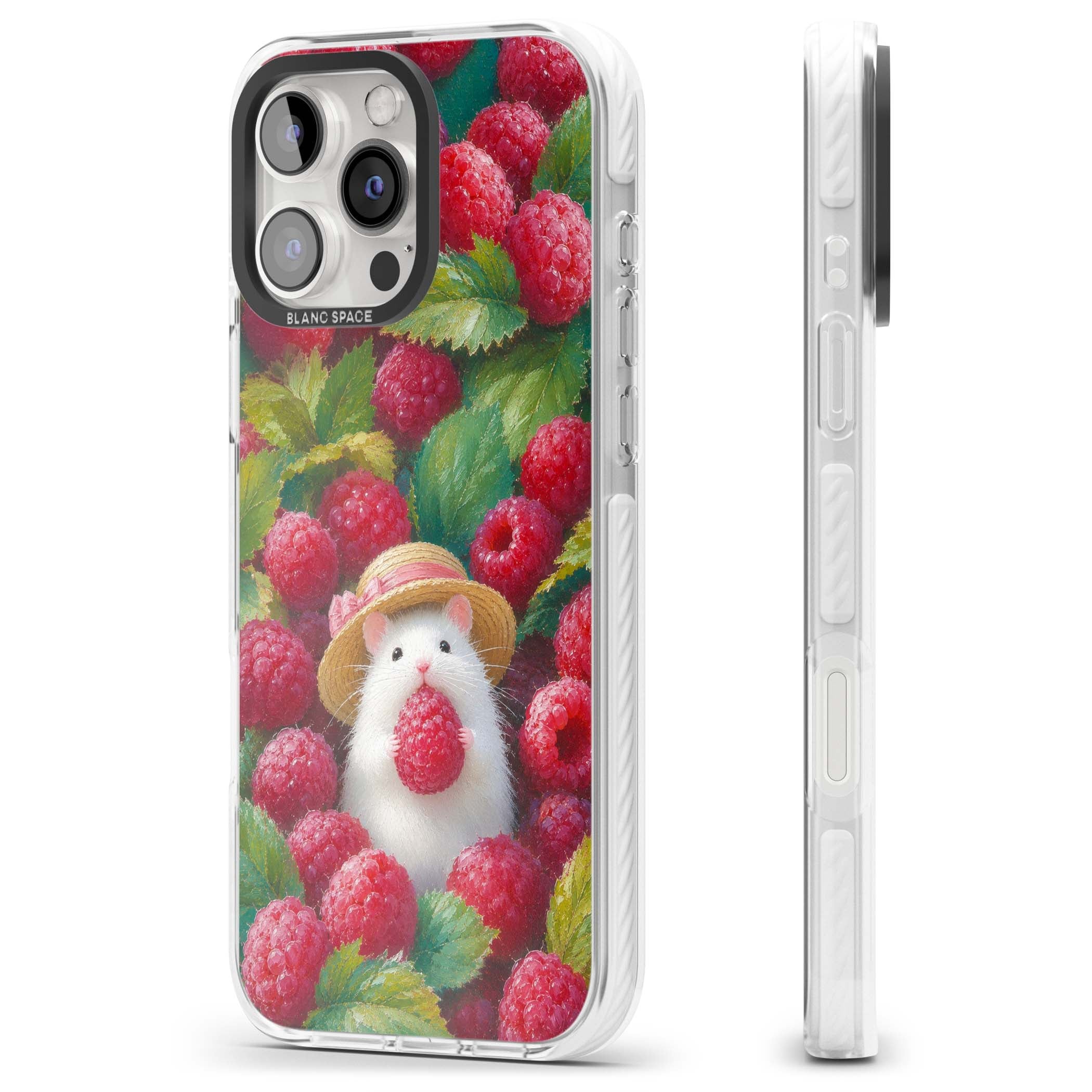 Berry Forager cottagecore iPhone case featuring a white hamster in a straw hat holding a raspberry surrounded by ripe ber | Impact Magsafe case for iPhone 16 Pro, iPhone 16 Pro Max