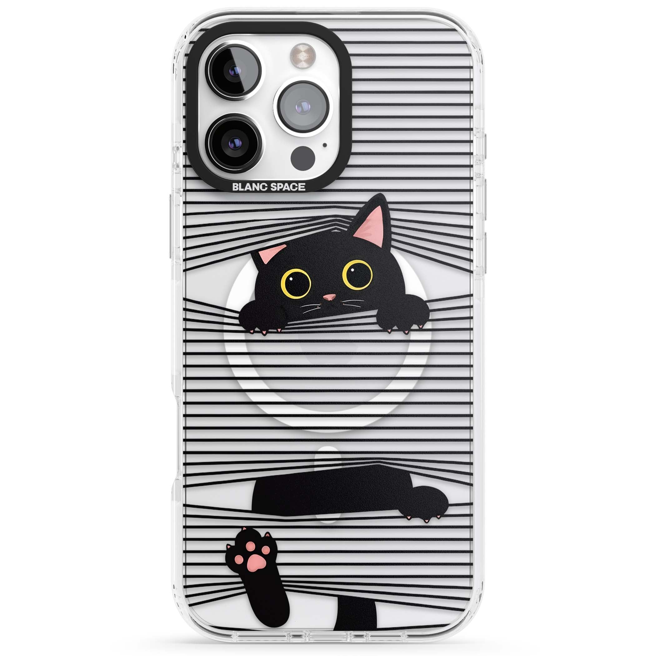 Peek-a-Boo Cat minimal iPhone case featuring black cat peeking through horizontal black and white stripes | Impact Magsafe case for iPhone 16 Pro, iPhone 16 Pro Max