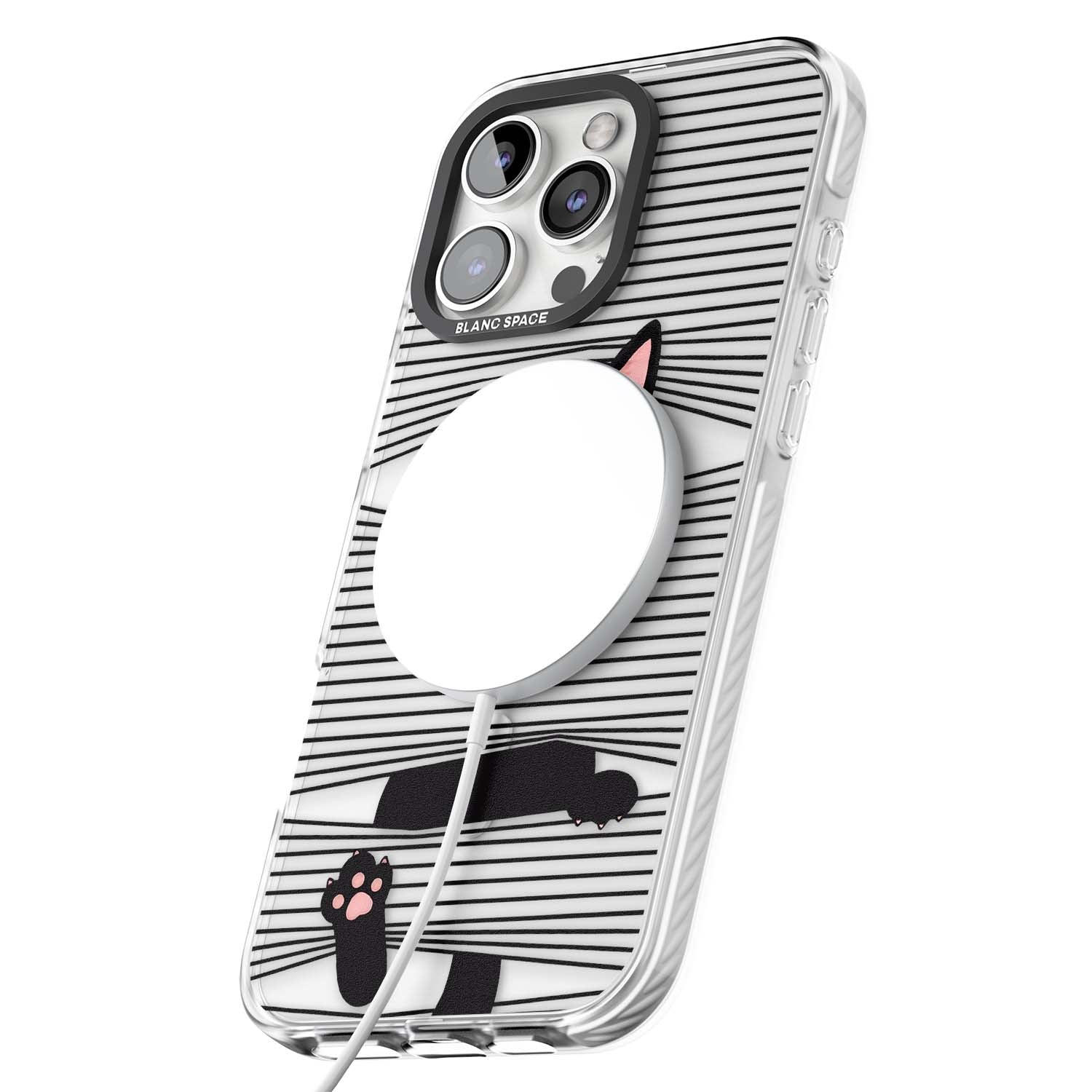 Peek-a-Boo Cat minimal iPhone case featuring black cat peeking through horizontal black and white stripes | Impact Magsafe case for iPhone 16 Pro, iPhone 16 Pro Max