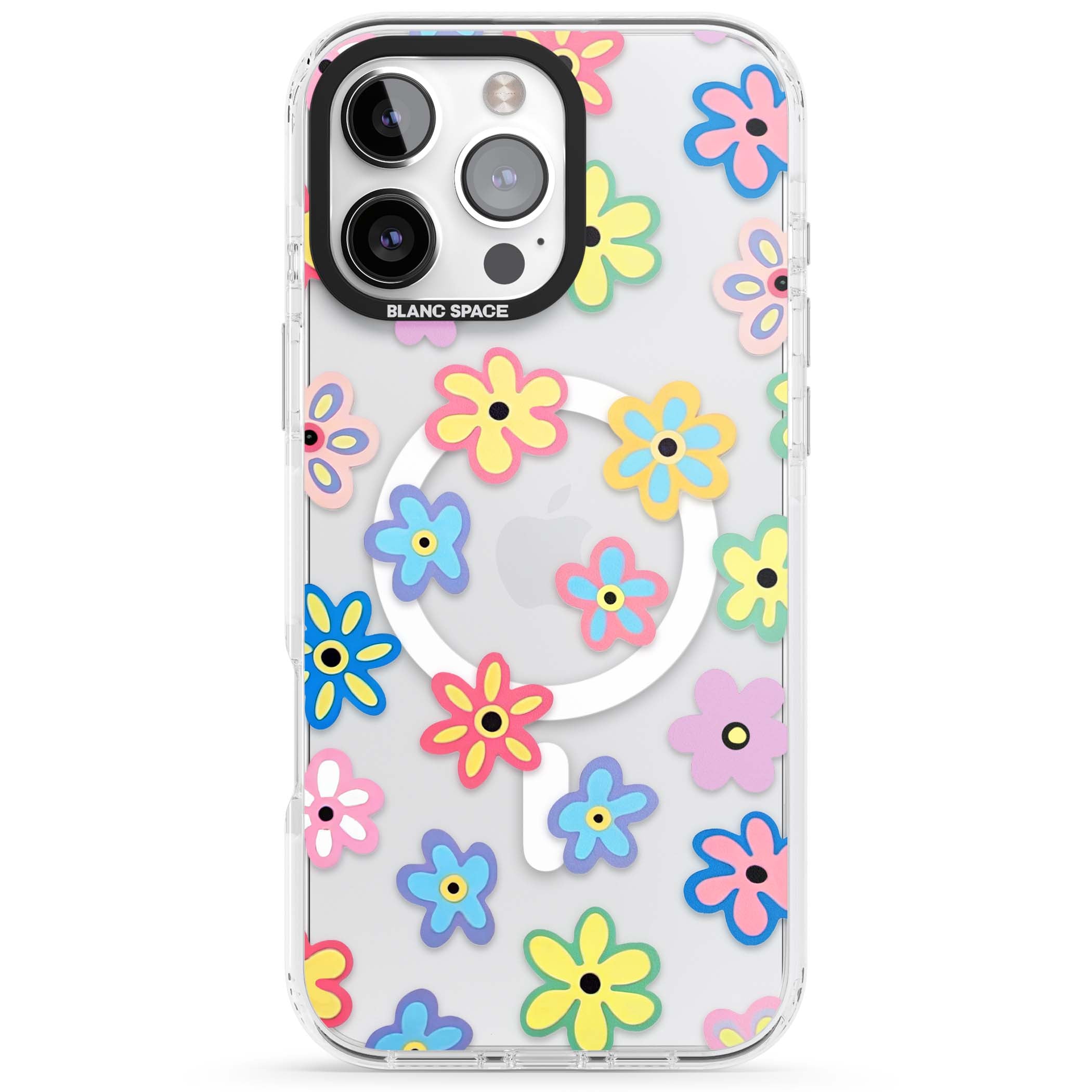 Bloom Pop cottagecore iPhone case featuring multicolor pastel flowers with black centers on clear background | Impact Magsafe case for iPhone 16 Pro, iPhone 16 Pro Max