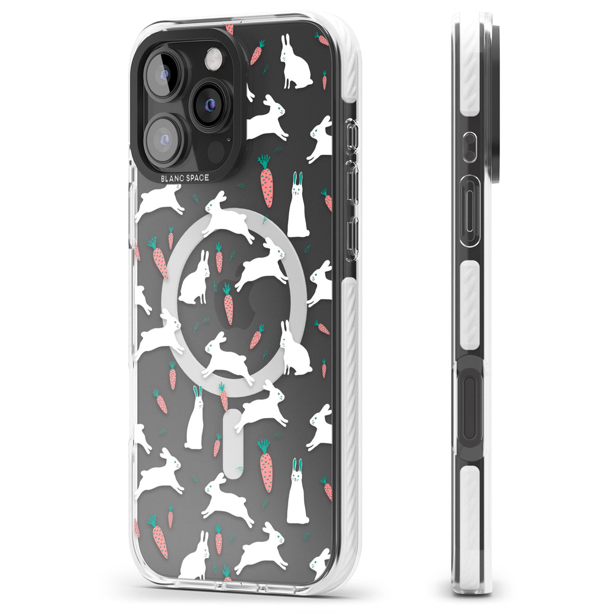 iPhone 16 Pro Max White Bunnies and Carrots Black Impact Phone Case