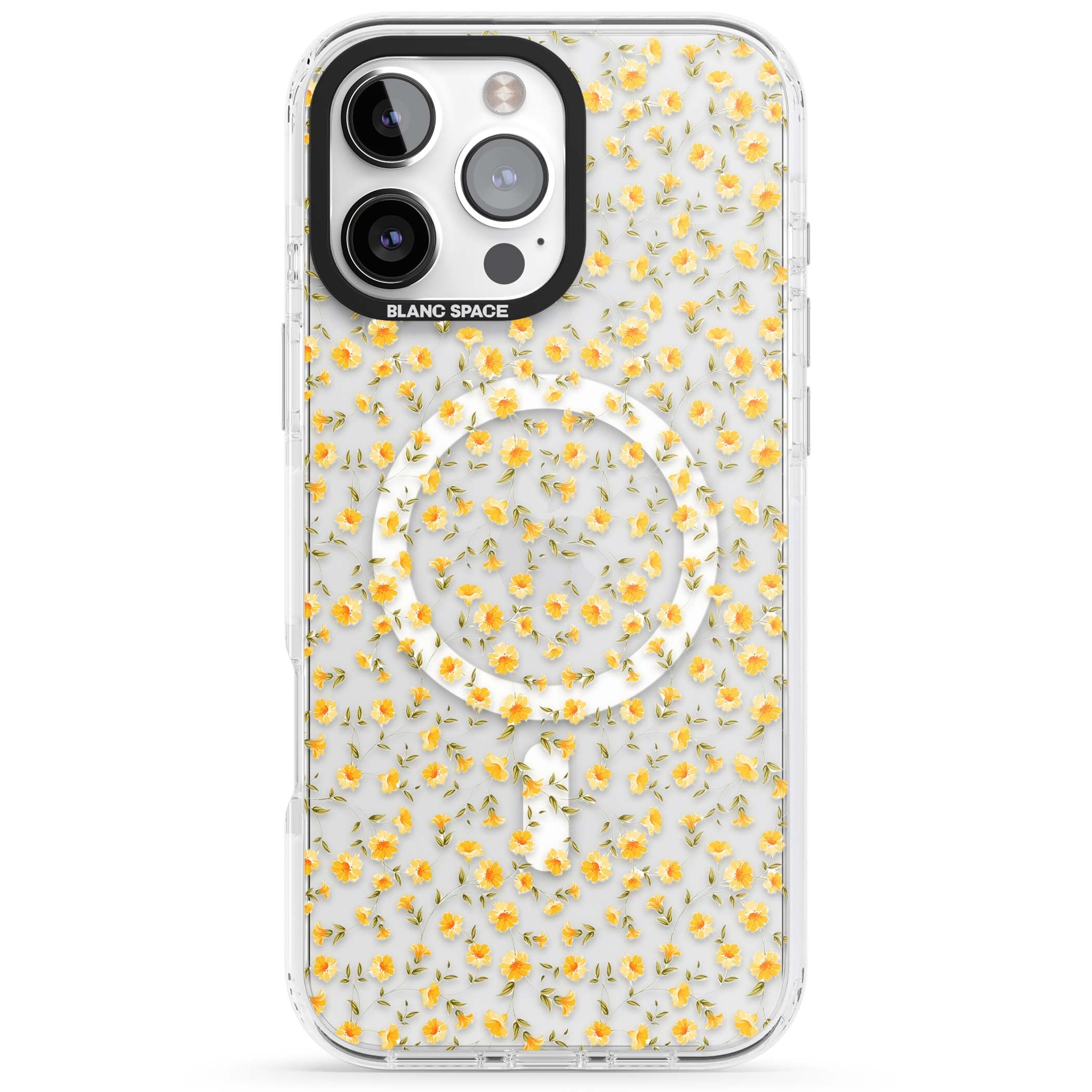 Buttercup wildflower iPhone case featuring tiny yellow flowers and trailing green vines on clear | Impact Magsafe case for iPhone 16 Pro, iPhone 16 Pro Max