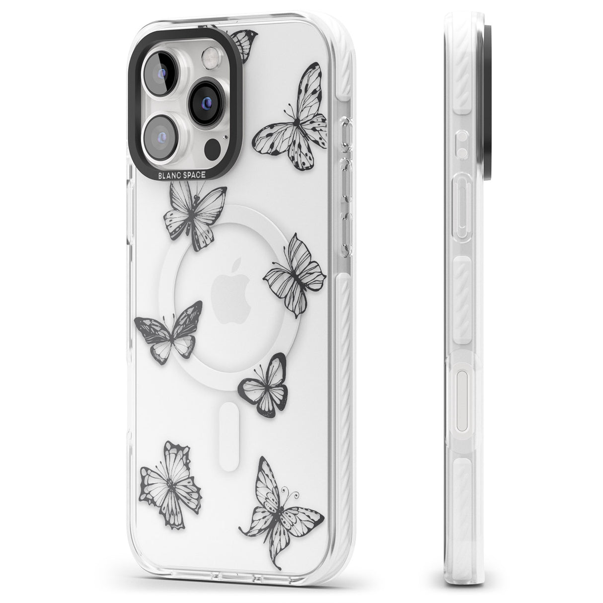 iPhone 16 Pro Max Grey Butterfly Line Pattern Black Impact Phone Case