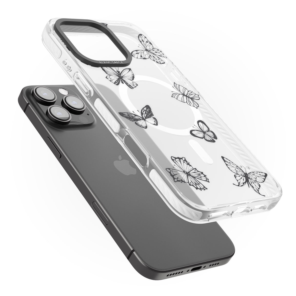 iPhone 16 Pro Max Grey Butterfly Line Pattern Black Impact Phone Case