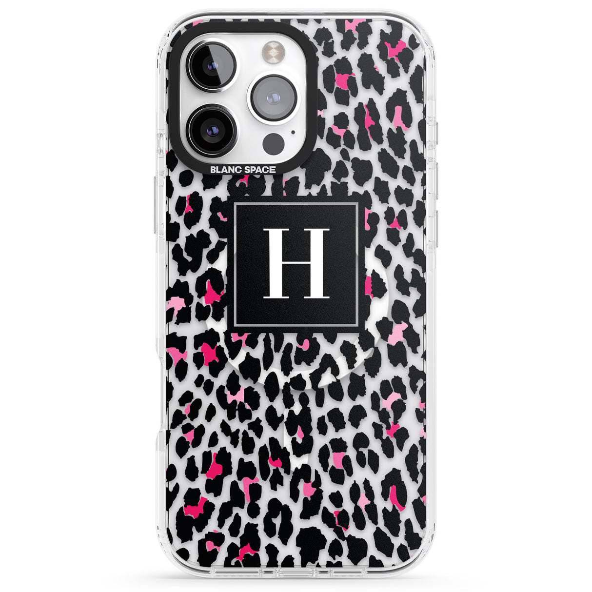 iPhone 16 Pro Max Personalised Pink Monogram Leopard Spots Black Impact Phone Case