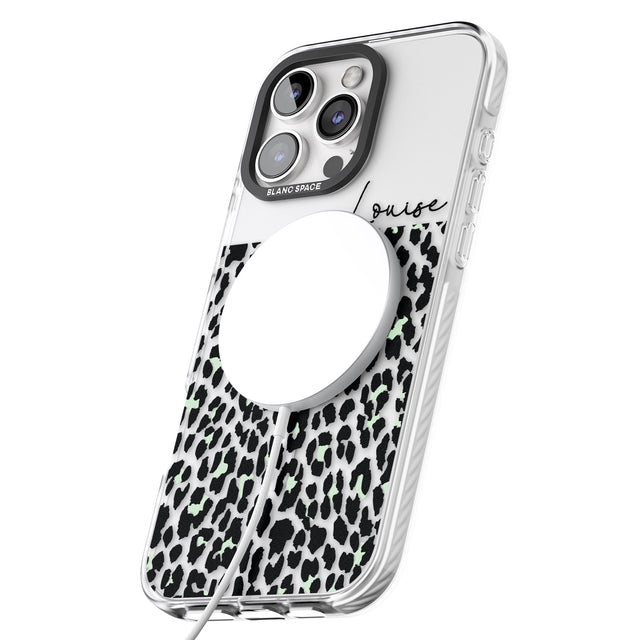 iPhone 16 Pro Max Personalised Seafoam Green & Cursive Leopard Spots Black Impact Phone Case