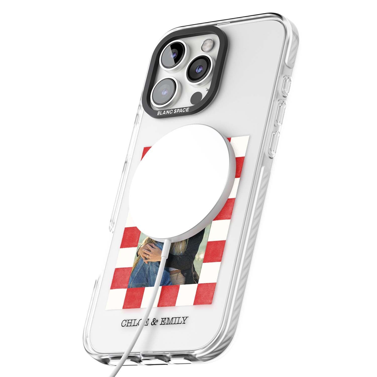 Red Check Photo personalised photo iPhone case with red and white checkered polaroid frame and custom couple name | Impact Magsafe case for iPhone 16 Pro, iPhone 16 Pro Max