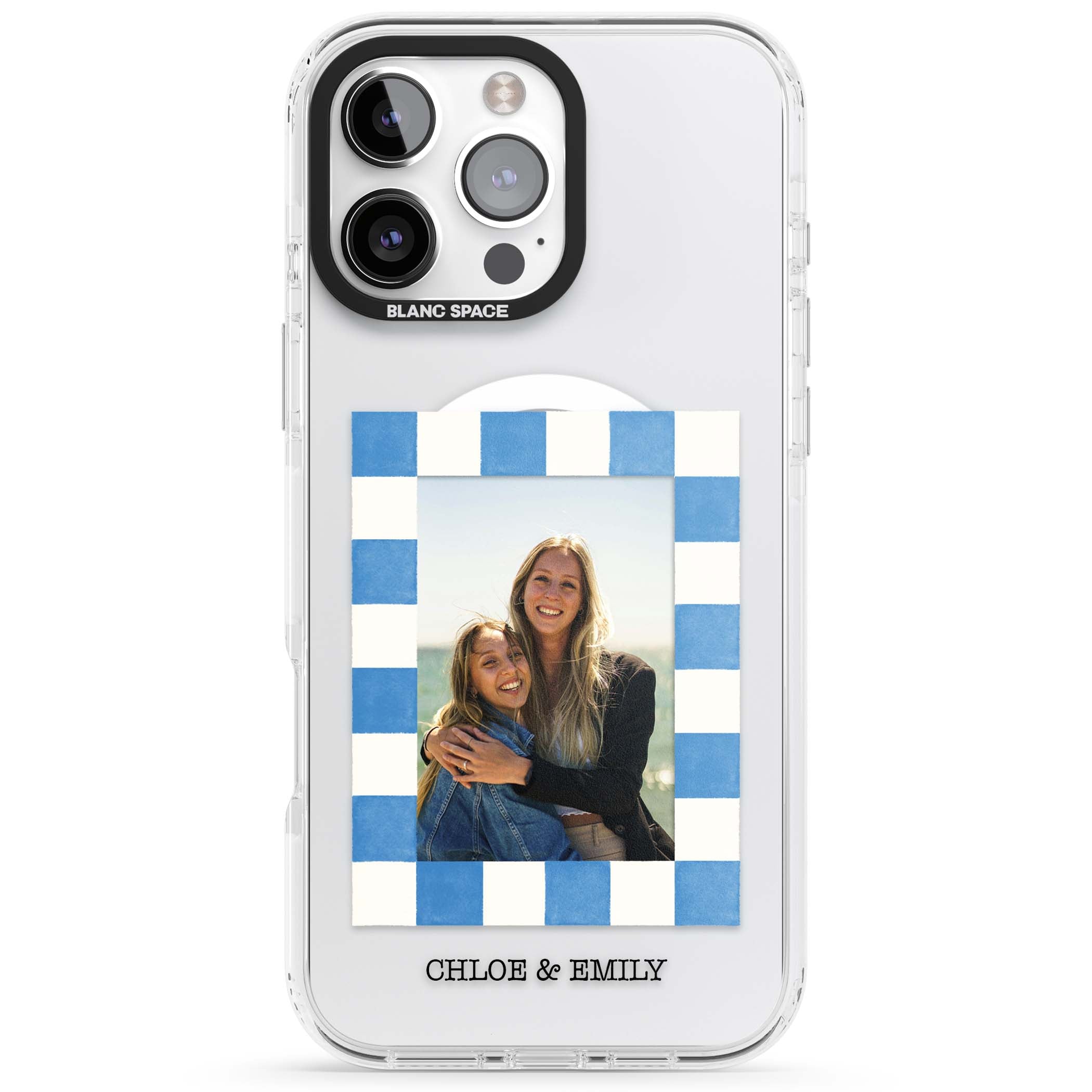 Blue Check Photo personalised photo iPhone case with blue checkered frame and custom couple names | Impact Magsafe case for iPhone 16 Pro, iPhone 16 Pro Max