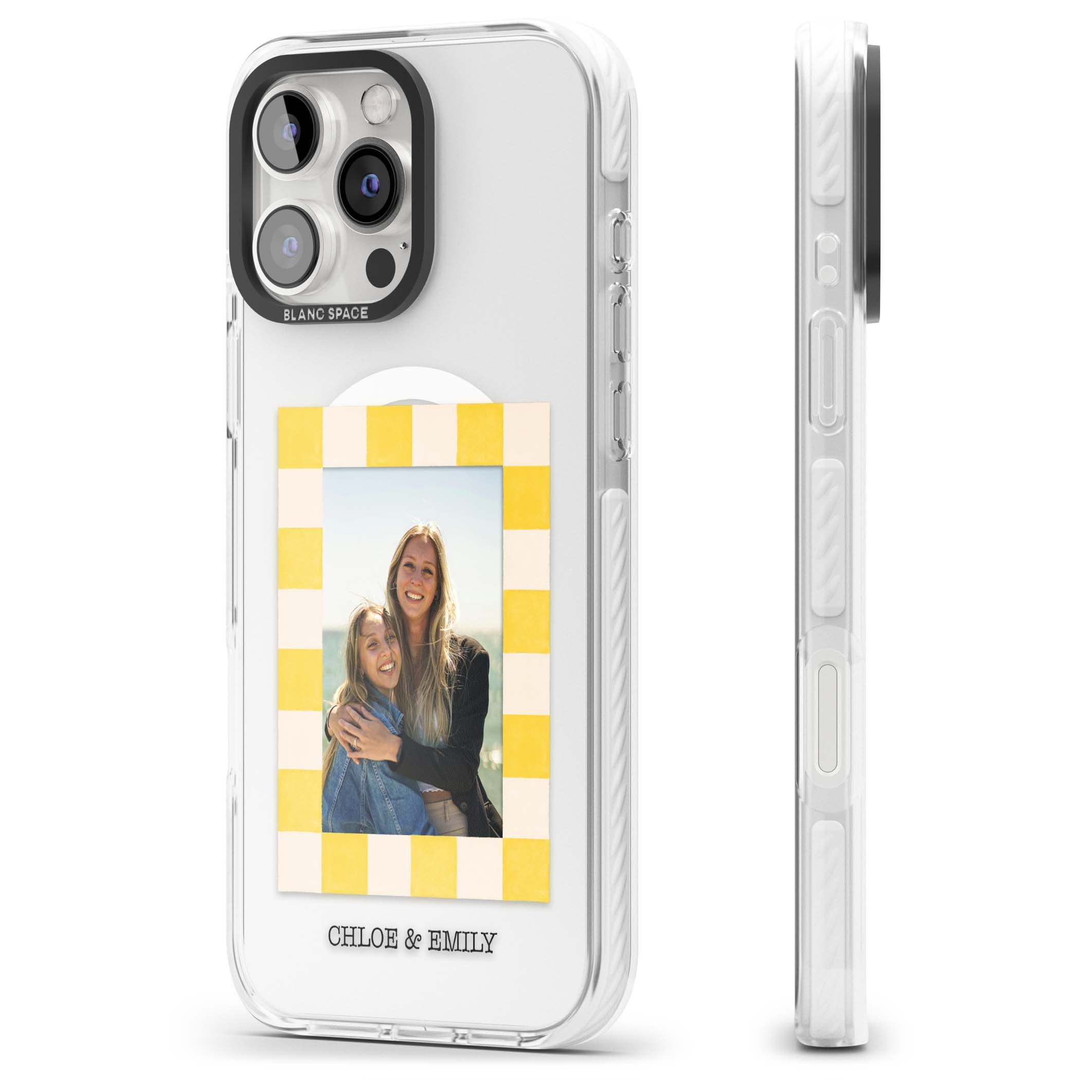 Yellow Check Photo personalised iPhone case with yellow checkered Polaroid frame and custom names beneath | Impact Magsafe case for iPhone 16 Pro, iPhone 16 Pro Max