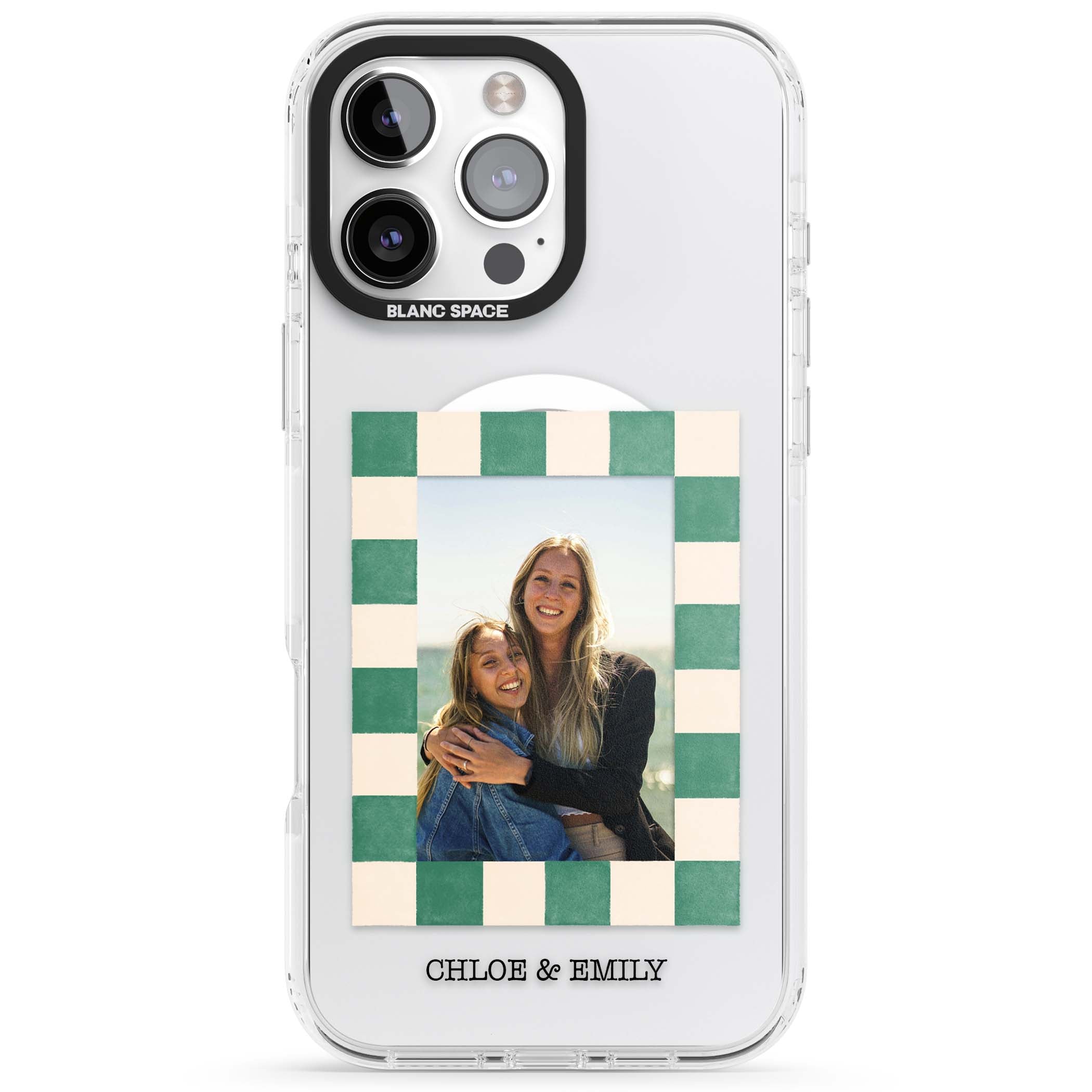 Seafoam Check Photo personalised iPhone case featuring a custom polaroid photo, green and cream checkered frame, and custom n | Impact Magsafe case for iPhone 16 Pro, iPhone 16 Pro Max