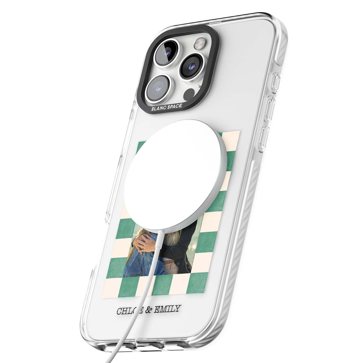 Seafoam Check Photo personalised iPhone case featuring a custom polaroid photo, green and cream checkered frame, and custom n | Impact Magsafe case for iPhone 16 Pro, iPhone 16 Pro Max