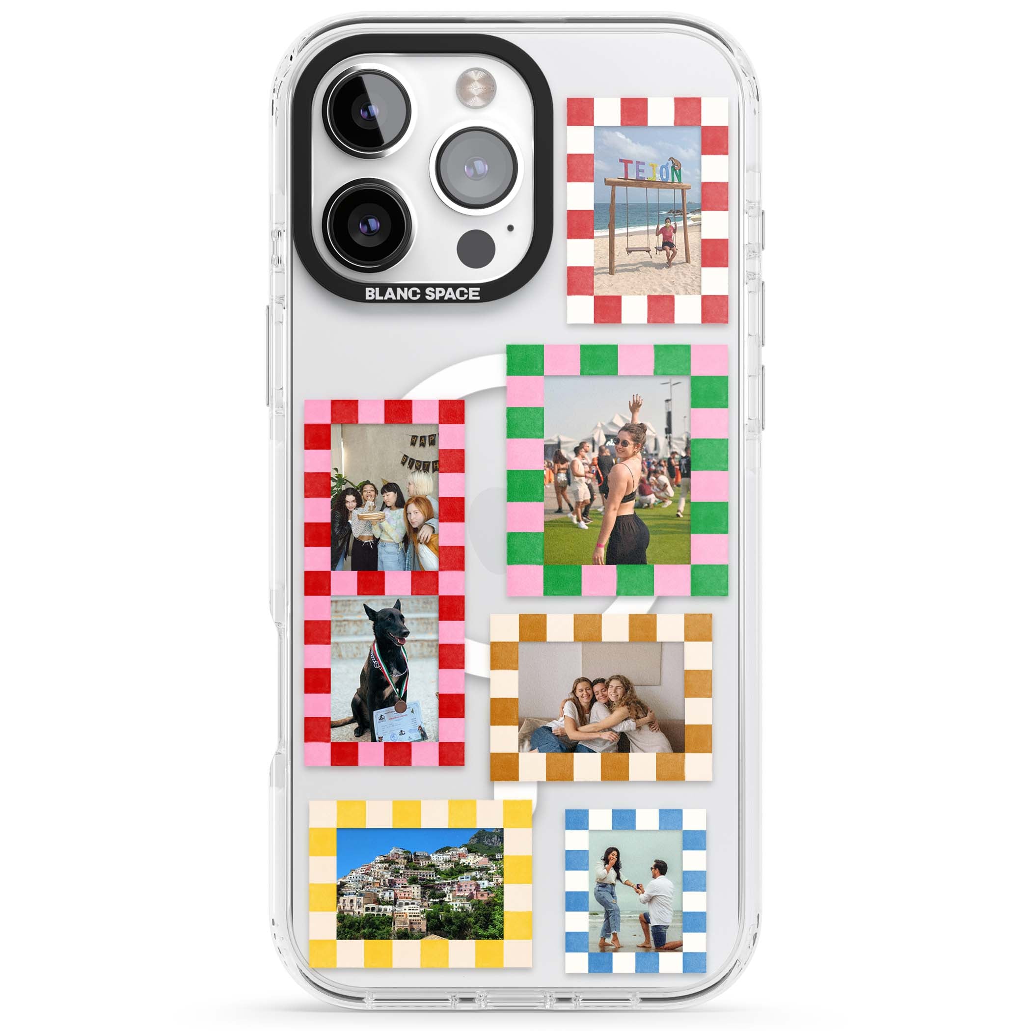 Italian Check Frames custom photo collage iPhone case featuring six checkered photo frames in red, green, pink and  | Impact Magsafe case for iPhone 16 Pro, iPhone 16 Pro Max