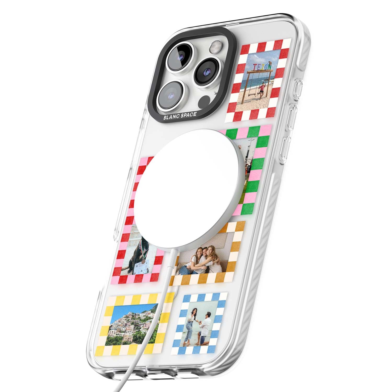 Italian Check Frames custom photo collage iPhone case featuring six checkered photo frames in red, green, pink and  | Impact Magsafe case for iPhone 16 Pro, iPhone 16 Pro Max