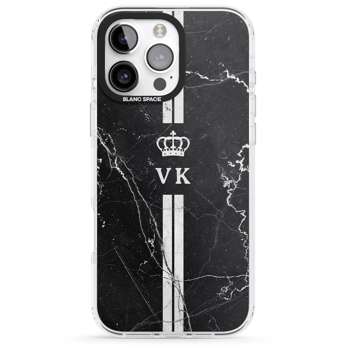 Personalised Stripes + Initials with Crown on Black Marble