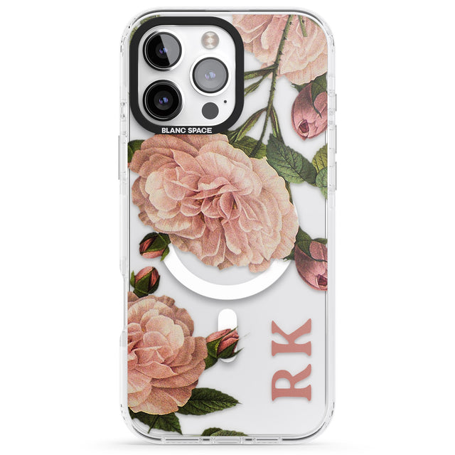 iPhone 16 Pro Max Personalised Clear Vintage Floral Pale Pink Peonies Black Impact Phone Case