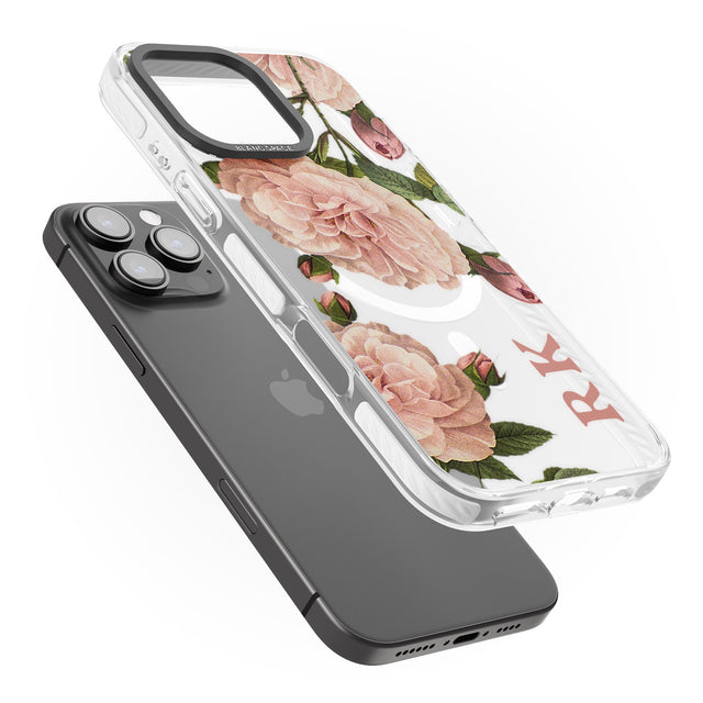 iPhone 16 Pro Max Personalised Clear Vintage Floral Pale Pink Peonies Black Impact Phone Case