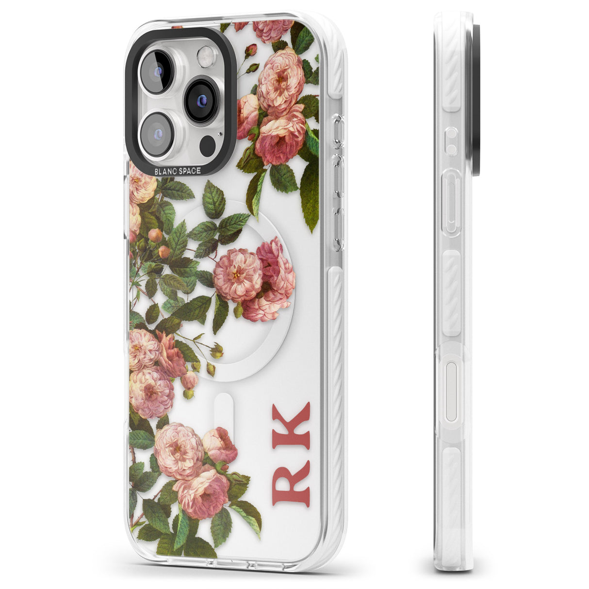 iPhone 16 Pro Max Personalised Clear Vintage Floral Pink Garden Roses Black Impact Phone Case