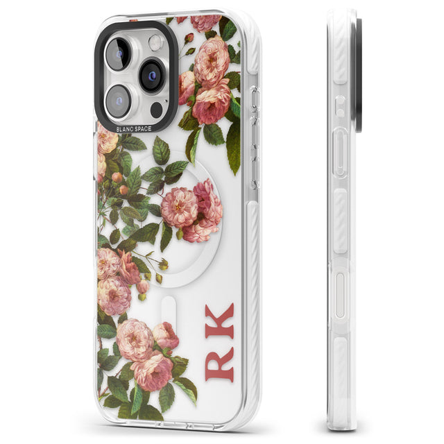 iPhone 16 Pro Max Personalised Clear Vintage Floral Pink Garden Roses Black Impact Phone Case