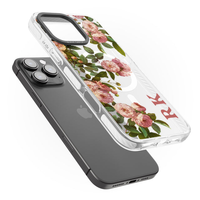 iPhone 16 Pro Max Personalised Clear Vintage Floral Pink Garden Roses Black Impact Phone Case