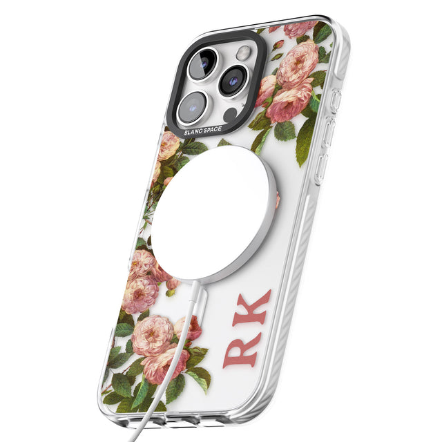 iPhone 16 Pro Max Personalised Clear Vintage Floral Pink Garden Roses Black Impact Phone Case