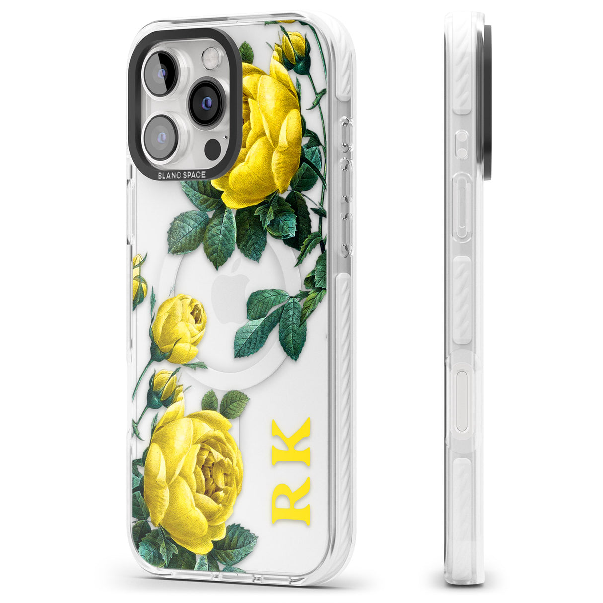 iPhone 16 Pro Max Personalised Clear Vintage Floral Yellow Roses Black Impact Phone Case