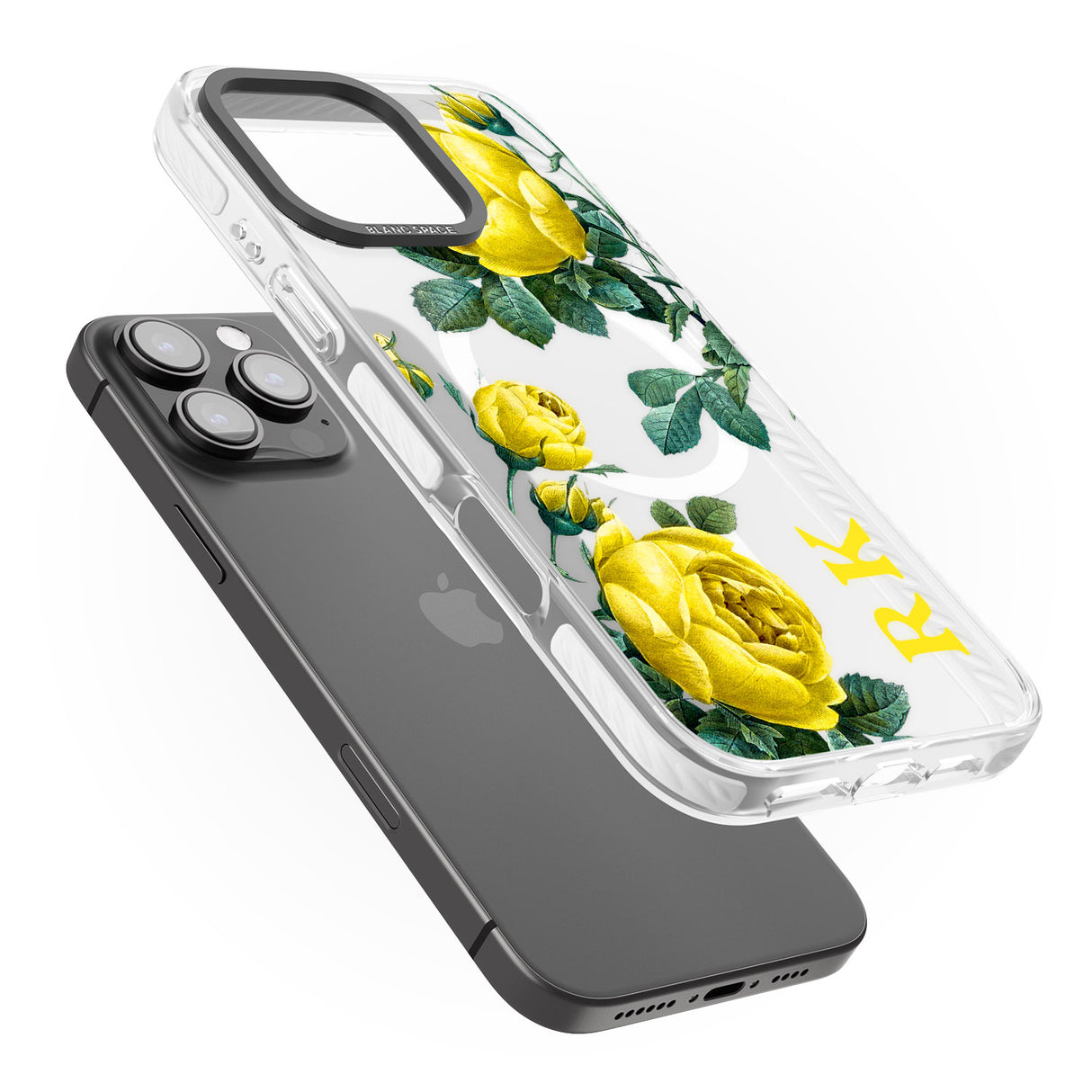 iPhone 16 Pro Max Personalised Clear Vintage Floral Yellow Roses Black Impact Phone Case