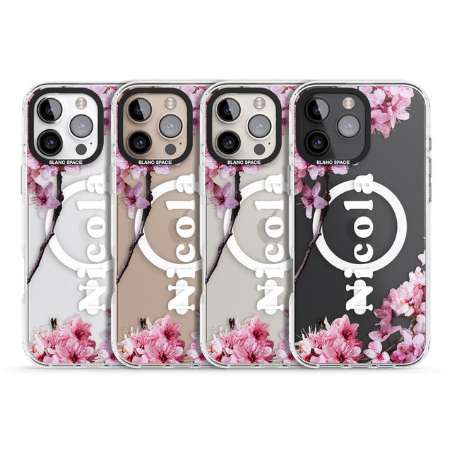 iPhone 16 Pro Max Personalised Cherry Blossoms with Text Black Impact Phone Case