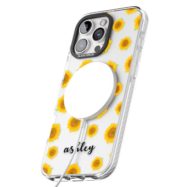 iPhone 16 Pro Max Personalised Sunflowers & Cursive Black Impact Phone Case